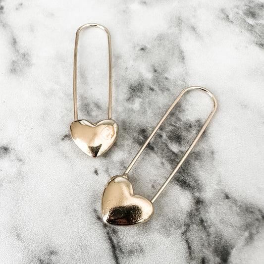 Gold Heart Safety Pin Earrings